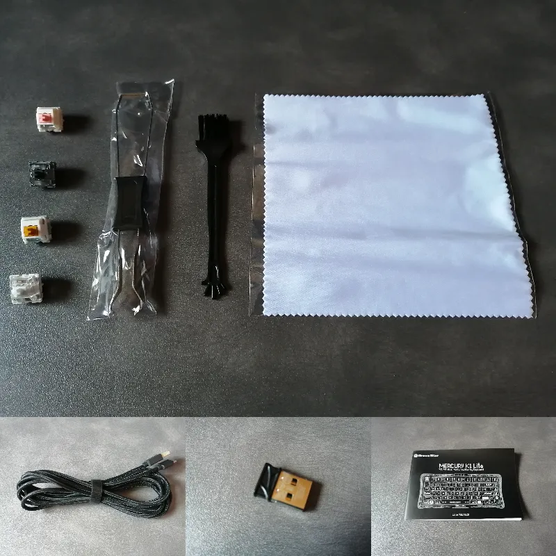K1 Liteの付属品一式。説明書、2.4GHzレシーバー、USBケーブル、掃除用ブラシ、キーキャッププーラー、スペアスイッチ。