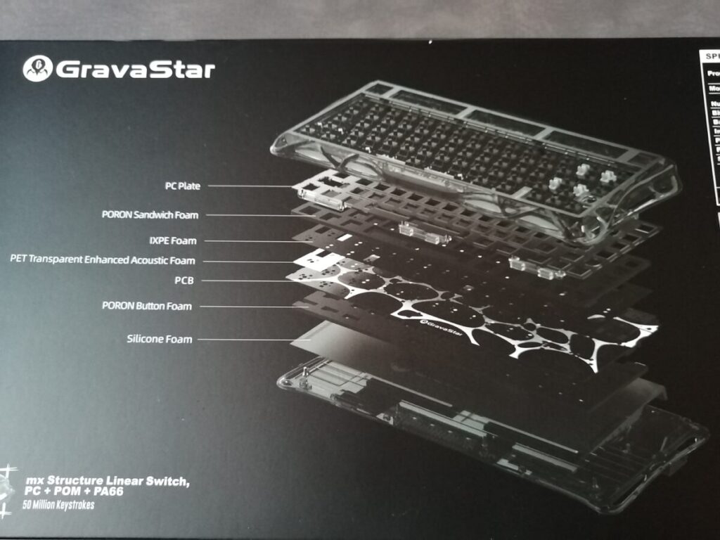 GravaStar Mercury K1 Liteのパッケージ裏面。打鍵感を向上させる5層のサウンドダンピング構造（Gasket & TOPマウント）の解説図。