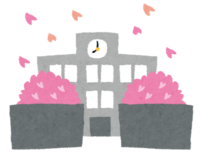 桜吹雪が舞う学校の正門のイラスト