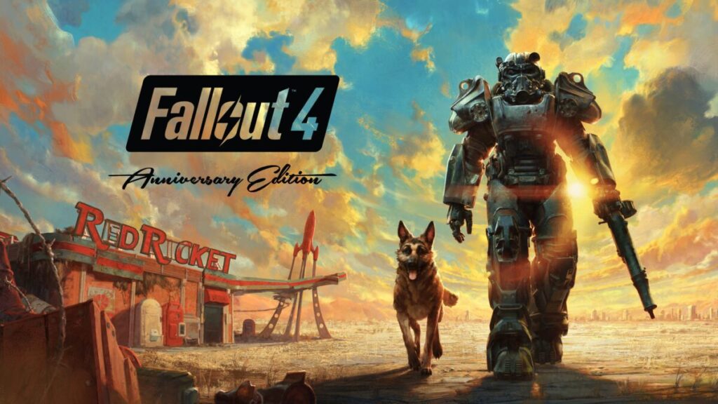 ゲーム『Fallout 4』のアートワーク。パワーアーマーを着た主人公とドッグミート。