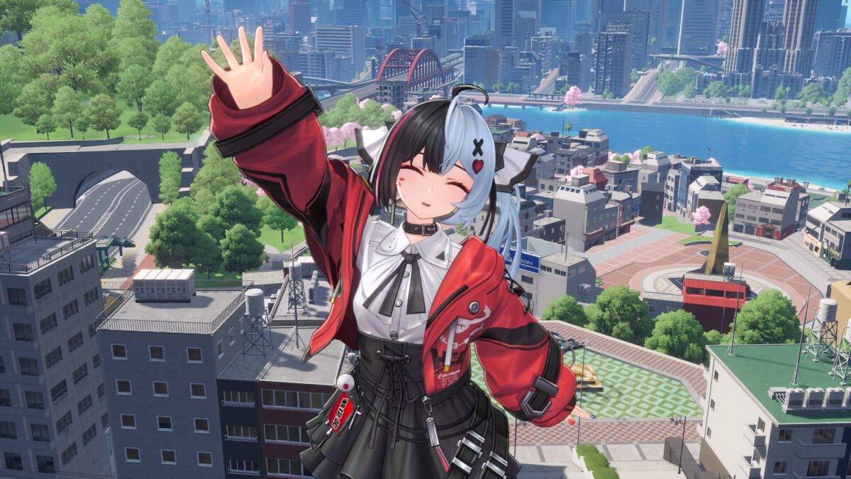 NTE（Neverness to Everness）の人気キャラ『レクイエム』の可愛いスクショ。右手を上げて笑顔を浮かべる姿