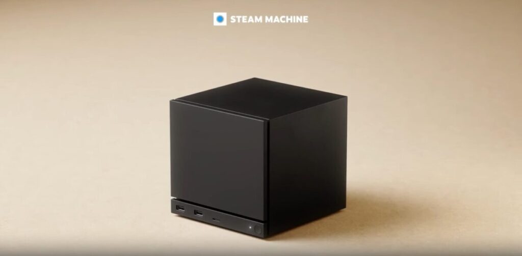 リビングに溶け込む黒いキューブ型のデザイン、Steam Machine本体の画像