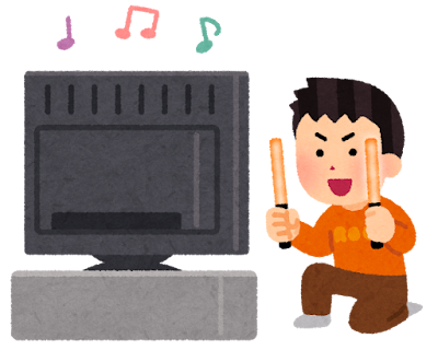 テレビでライブ配信を楽しみながらペンライトを振って応援する男性のイラスト