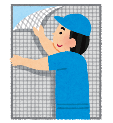 網戸を張り替える男性のイラスト。蚊の侵入を防ぐための網戸対策をイメージしています。