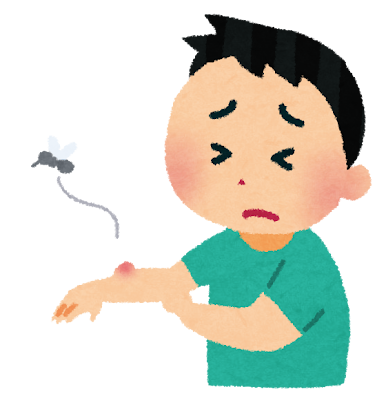 「いらすとや」制作の蚊に刺されて困っている男の子のイラスト。腕に赤い腫れがあり、近くを蚊が飛んでいる様子が描かれています。