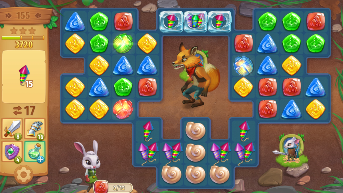 『Strongblade – Puzzle Quest and Match-3 Adventure』のプレイ画面。カラフルな宝石を並べて消す3マッチパズルで、動物キャラたちが活躍する可愛い世界観のゲームです。
