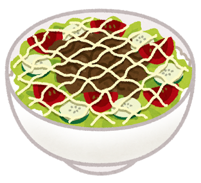 佐賀のご当地グルメ「シシリアンライス」のイラスト。ご飯の上に炒めたお肉とサラダがのり、マヨネーズがかかっています。