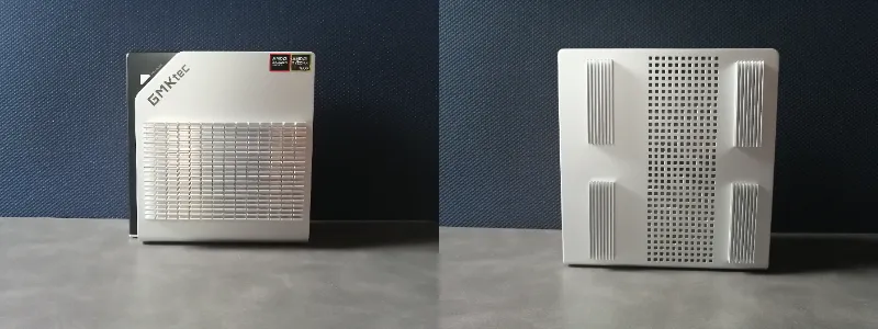 GMKtec EVO-X2の外観写真。前面(左)と背面(右)の両方に熱対策用のアルミヒートシンクが貼り付けられている様子。