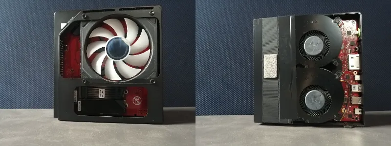 GMKtec EVO-X2のカバーを外した内部写真。左側の表面には大型ファンと赤い基板、右側の裏面には2基の冷却ファンが配置されている。